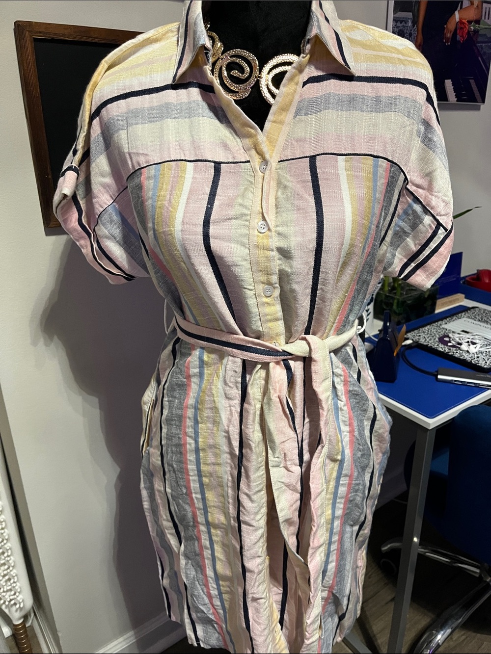 Striped Pastel Shirt Dress with Tie Waist - Pink